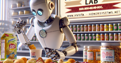 A fun cartoon scientist bot working in a food science lab on an honor snack tray with a large sign that says \