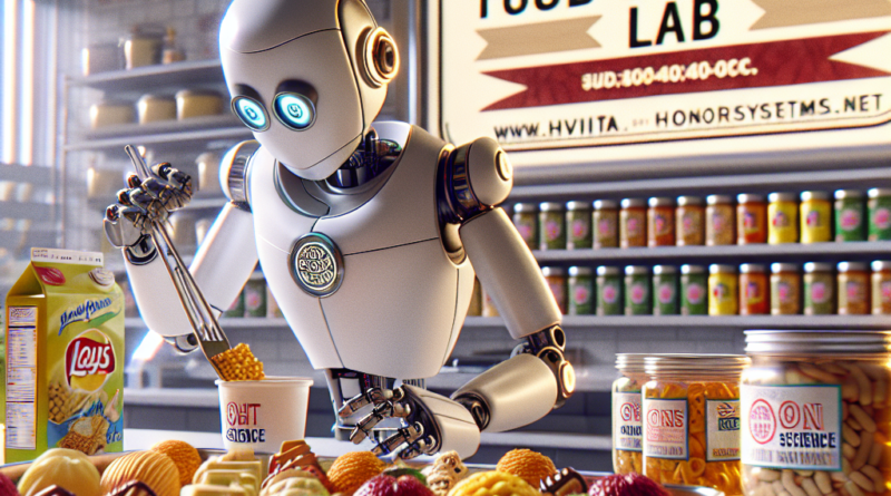 A fun cartoon scientist bot working in a food science lab on an honor snack tray with a large sign that says \