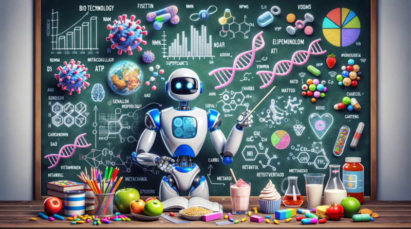 workday performance, full page colorful hi tech education chalk board with fun ai bot teacher, snack foods, biotechnology, charts, graphs, molecules, plasmid maps, DNA, genetic maps, project management, mitochondria, energy, ATP, Fisetin, NMN, NAD, D3, K2, vitamins, resveratrol, metformin, chart of elements, ferment, testosterone, yogurt, protein bars, collagen, carbs, fats, food ingredients, genes