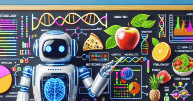 full page fun colorful hi tech edu chalk board with ai bot teacher for food biotechnology with charts, graphs, molecules, plasmid map, DNA, genetic maps, health, aging