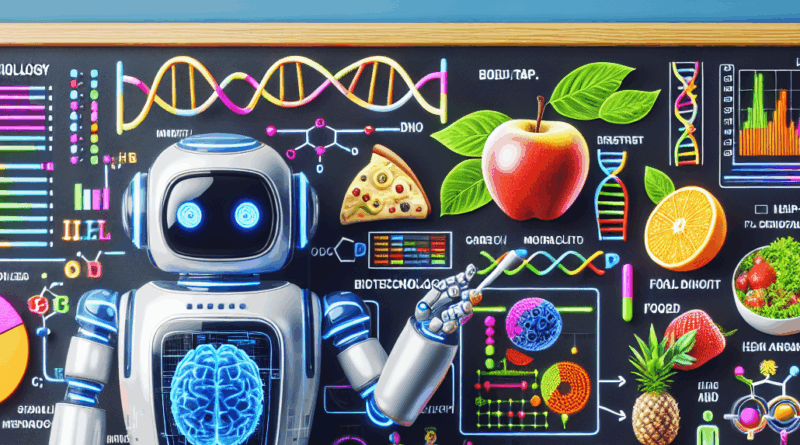 full page fun colorful hi tech edu chalk board with ai bot teacher for food biotechnology with charts, graphs, molecules, plasmid map, DNA, genetic maps, health, aging